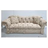 Vintage ornate pattern tan sofa w/ throw pillows