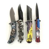 Four ElitEdge pocket knives with decorated handles