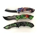 Decorative handled unmarked pocket knife trio