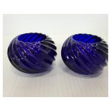 Cobalt blue glass candle holder pair
