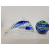 Art glass globe and dolphin figure