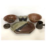 Brown pottery tray, bowls, shakers and more