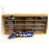 Wooden display case of NASCAR toy cars