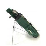 Ping golf bag with various brands of golf clubs