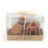 New in box ceramic dog and house shaker set