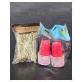 Partbamboo knot picks and mini red shot cups
