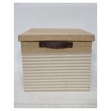 Striped storage bin with leather handle