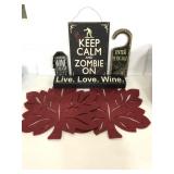 Wine and Halloween wood signs and fall leaves
