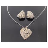 Sterling jeweled heart necklace & earring pair