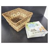 Four 222 Fifth porcelain tea plates w/ basket