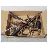 Box of assorted hammers and garage tools