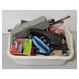 Container of assorted garage tools and supplies