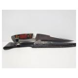 Large vintage 15in hunting knife in leather sheath
