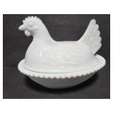 Milk glass hen dish