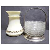 Small creamer and glass coaster set in caddie