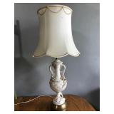 White ceramic table lamp with gold & floral detail