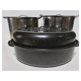 Large stock pots and graniteware roaster pan
