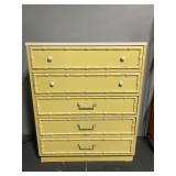 Yellow five drawer dresser w/ bamboo accents
