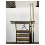 Wall pool rack w/ sticks and triangle
