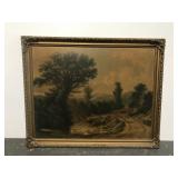 Old art print in ornate gold wood frame
