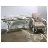 White rattan sofa table & matching chair