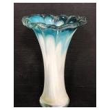 Blown glass white, clear, and blue ruffle vase
