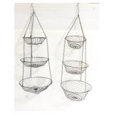 Two three tiered metal hanging fruit baskets