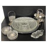 Cut glass and silver toned serving set