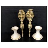 Pair of Lenox candle sticks & brass wall sconces