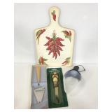Paring knife, cheese slicer, ice scoop, and board