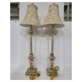 Two crackle paint tall skinny table lamps