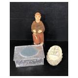 Buddha trinket box, acrylic box, & monk figurine