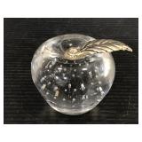 Clear glass Apple paperweight with metal leaf