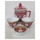 Chinese lidded mug, cups, & mini dish