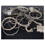 Silver tone bangles, necklace & watches