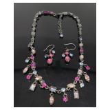 Black necklace & earring set w/ colored jewels