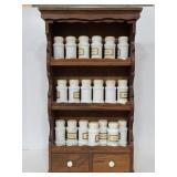 Vintage wood spice rack with milk glass containers