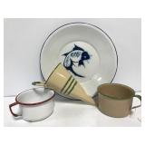 Porcelain tin plate, cups & wall pocket