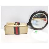 Primitive wood hand mirror and small sewing kit