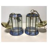 Pair of blue glass hanging light fixtures