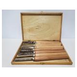 Wood carving tools in wood box