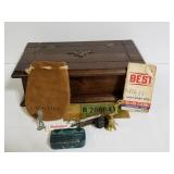 Wooden hinged lid box & contents