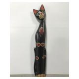 Tall folk art wooden black cat statue