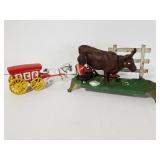 Vintage cast iron cow bank & ice wagon
