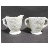 Milk glass sugar and creamer w/ leaf design