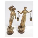 Two small metal rural man & woman statues