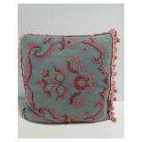 Cross stitch throw pillow w/ ball fringe trim