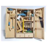 Wooden traveling tool box w/ tools inside