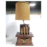 Large rope & wood pulley lamp w/ eagle emblem