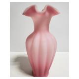 Frosted pink ruffled rim glass vase